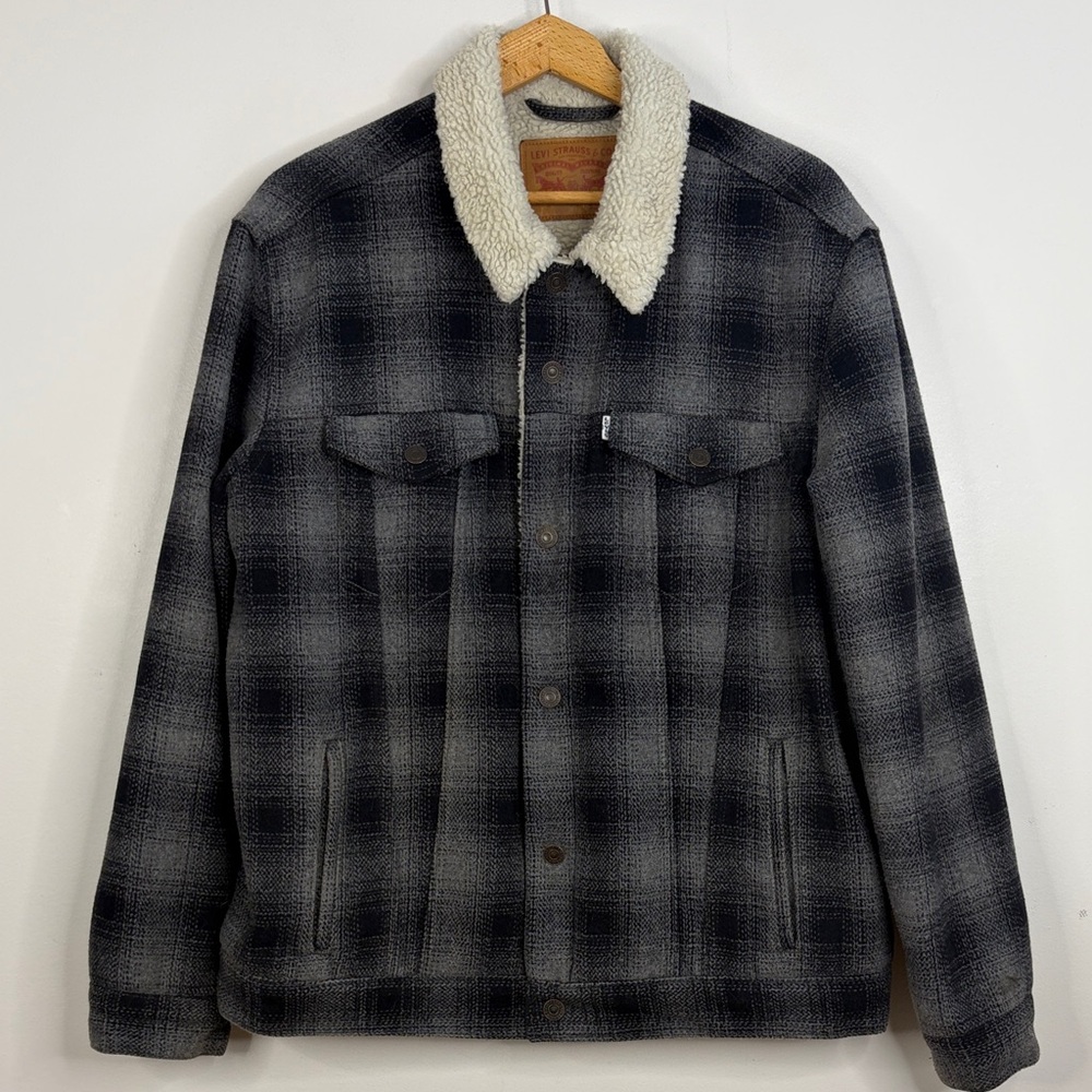 Levi's Type 3 Sherpa Trucker Jacket Mens XL Gray Plaid Wool Flannel Fleece Lined